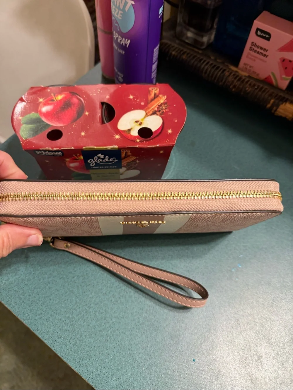 Michael Kors Pink Signature Zip-Around Wristlet Wallet with Cream Stripe